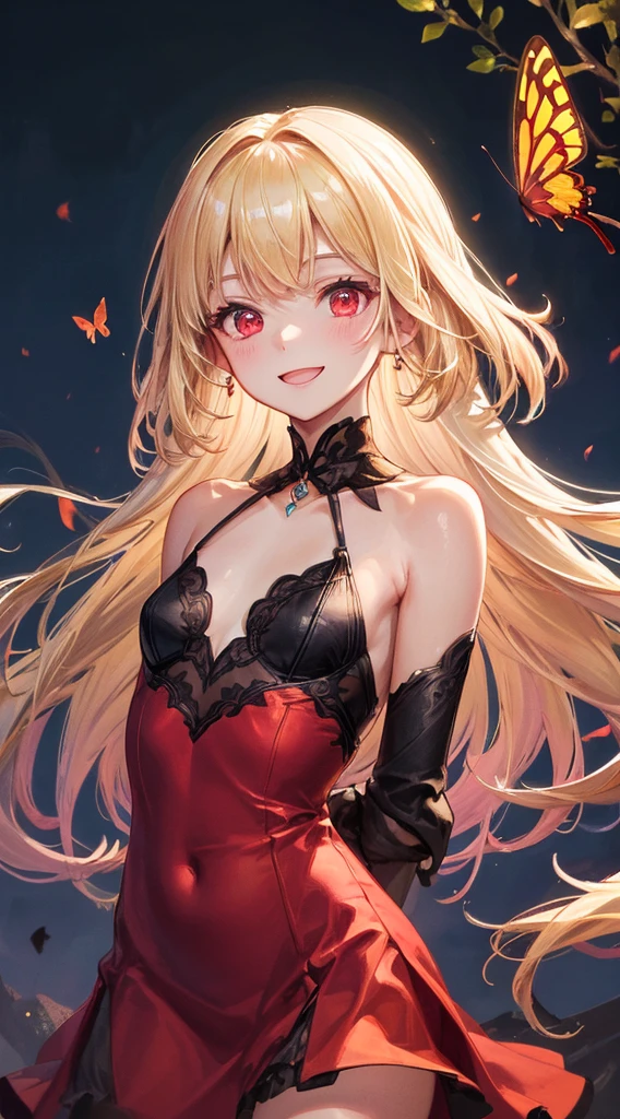 art by Cornflower,(​masterpiece),(top-quality:1.2),((perfect anatomy)),((arms behind back)),(1 girl),(flat chest),Highest quality,long blonde hair,blunt bangs,(sideways glance),beautiful detailed red eyes,red dress,lots of red butterflies flying in the background,neon light,film lighting,depth of written boundary,bokeh,seductive smile,the atmosphere is full of happiness and laughter