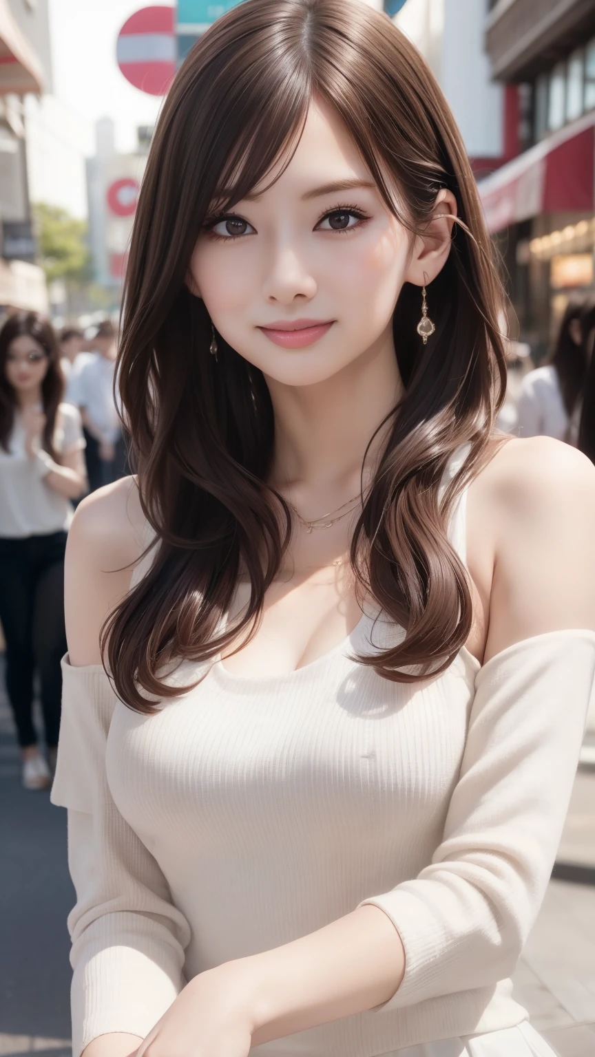 Realistic、Realistic、highest quality、Natural Lip、Fair skin、Great light、Beautiful lighting、bangs、Off the shoulder、Large Breastsの谷間、Large Breasts、White camisole、mini skirt、Gorgeous Accessories、Harajuku、smile、かわいいsmile、Crowds in the city