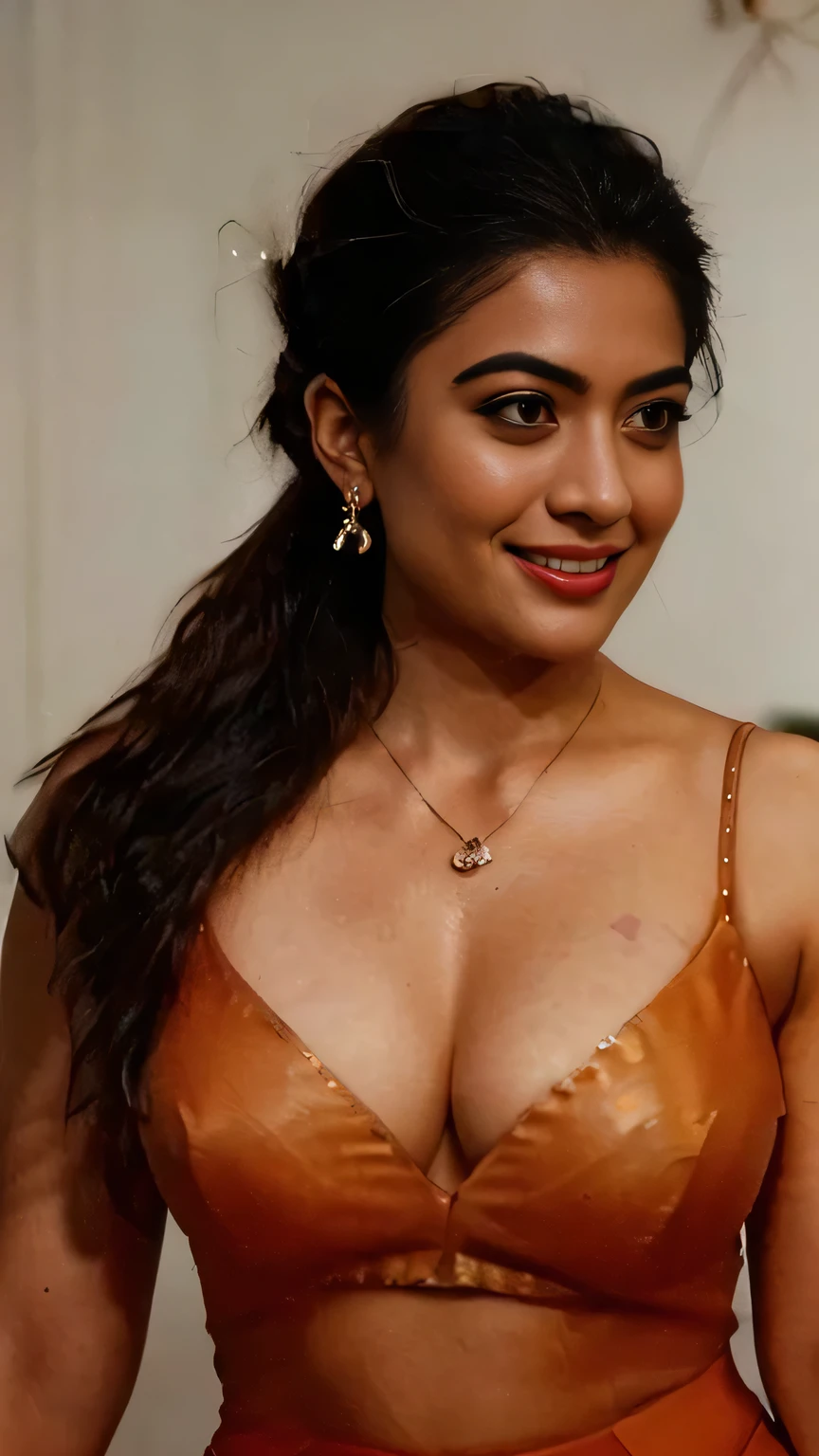 night scene, extreme close up photo of back of naked kiara from bottom view, hourglass figure, swooping breasts, deep cleavage, curvy, armpits, seductive eyes, look at viewer and subtle smile, standing in office, necklace, orange bodycon, red lips, sultry, ponytail, (cinematic:1.3), intricate details, (ArtStation:1.2)