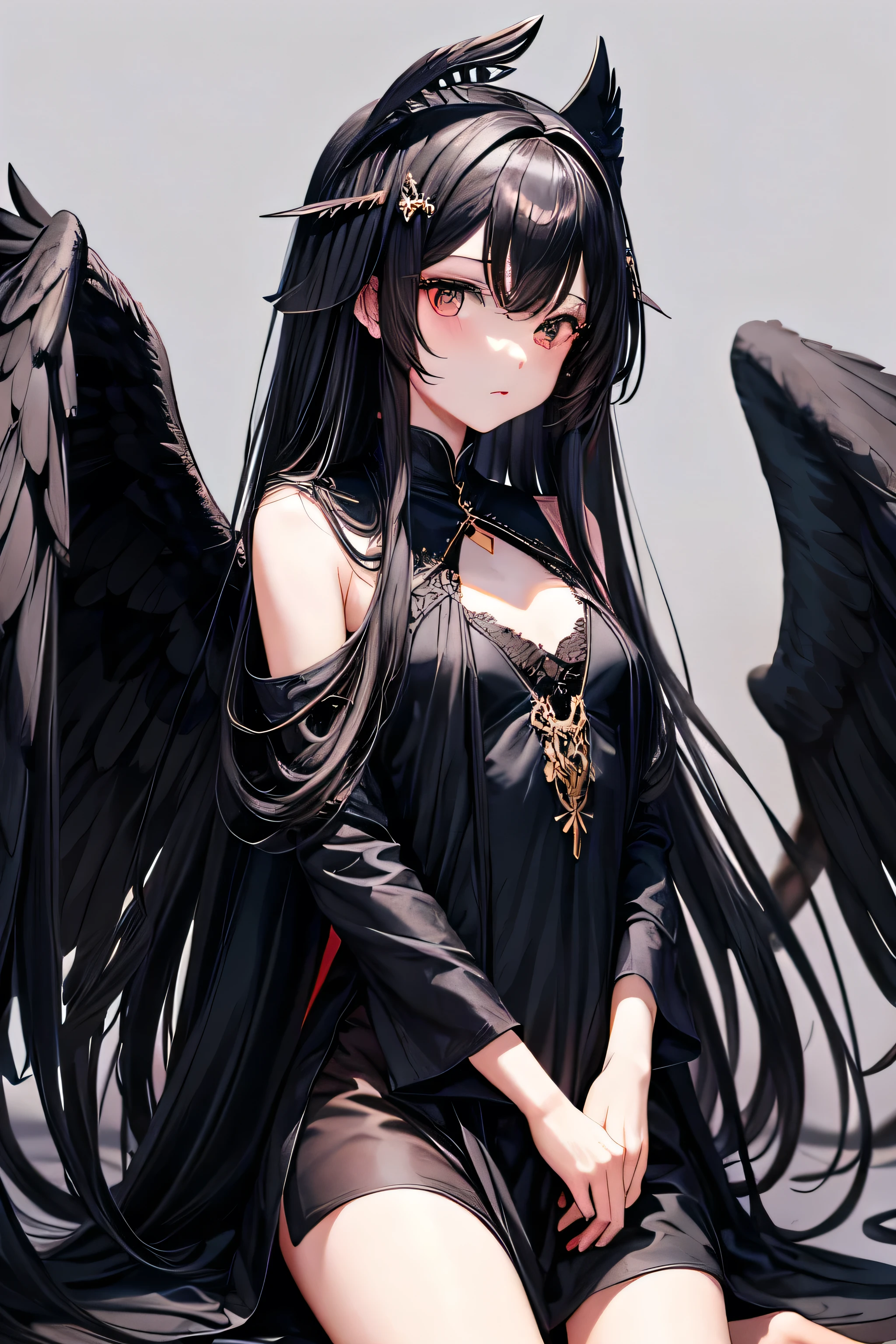 Long black hair, wing-shaped hair accessories, black dress, height 180cm, extremely small breasts, black-winged angel