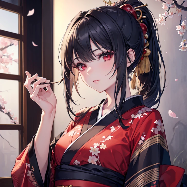 (High resolution,4K,Realistic:1.2),Super detailed,Professional,Sharp focus,Studio Lighting,Portraiture,Beautiful fine details,Beautiful lip detail,Red Eyes,Long eyelashes,Slim figure,Ponytail hairstyle,Meticulous Records,Valuable historical documents、Black Hair、18-year-old、Small breasts、slender、Plain kimono、Cherry Blossoms at Night
