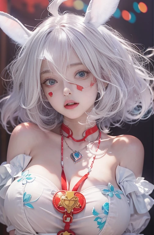 28 years old, Close-up portrait of a woman in a colorful clown costume、Shoulders out、thin、Serious expression、Short-haired、Deadly position, Gorgeous Necklace, Light milky porcelain skin, Smooth, Translucent white skin, Enchanting anime girl, Beautiful and seductive anime woman, Ultra realistic sweet bunny girl, Pale porcelain white skin, Smooth, Realistic and perfect body, Anime Girl Cosplay, Perfect body with realistic shadows, Switzerland&#39;masterpiece