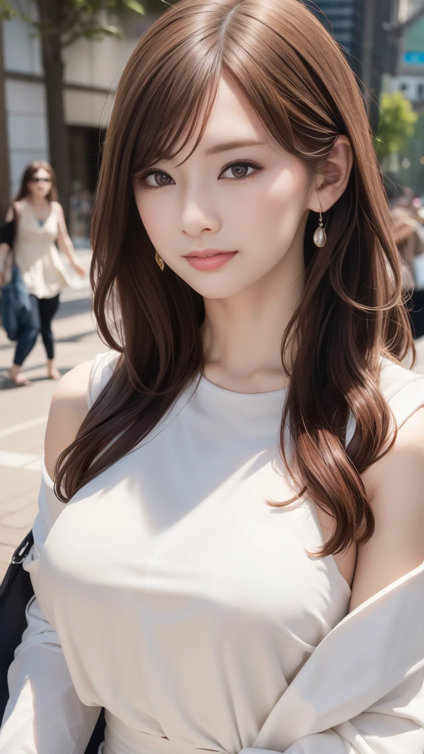 Realistic、Realistic、highest quality、Natural Lip、Fair skin、Great light、Beautiful lighting、bangs、Off the shoulder、Large Breastsの谷間、Large Breasts、White camisole、mini skirt、Gorgeous Accessories、Harajuku、smile、かわいいsmile、Crowds in the city