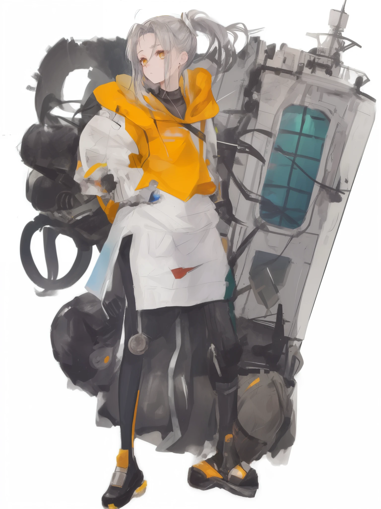 (ponytail forehead hair pulled back:1.3), anime character with a yellow jacket and a white apron holding a gun, makoto shinkai ( apex legends ), cushart kenz, mechanized soldier girl, full portrait of electromancer, cushart, girl with warship parts, kantai collection style, cyberpunk anime girl mech, solarpunk human, from girls frontline, yellow space suit, female mecha