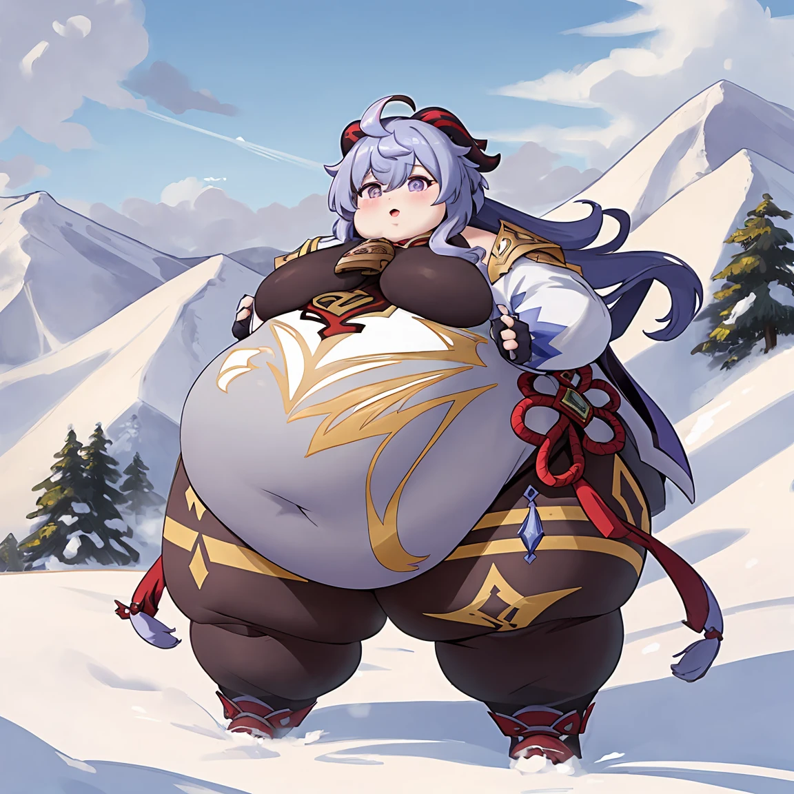 ((Masterpiece)), obese ganyu \(genshin impact\), ganyudef, outdoors, mountains, purple eyes, 4K, ultra detailed