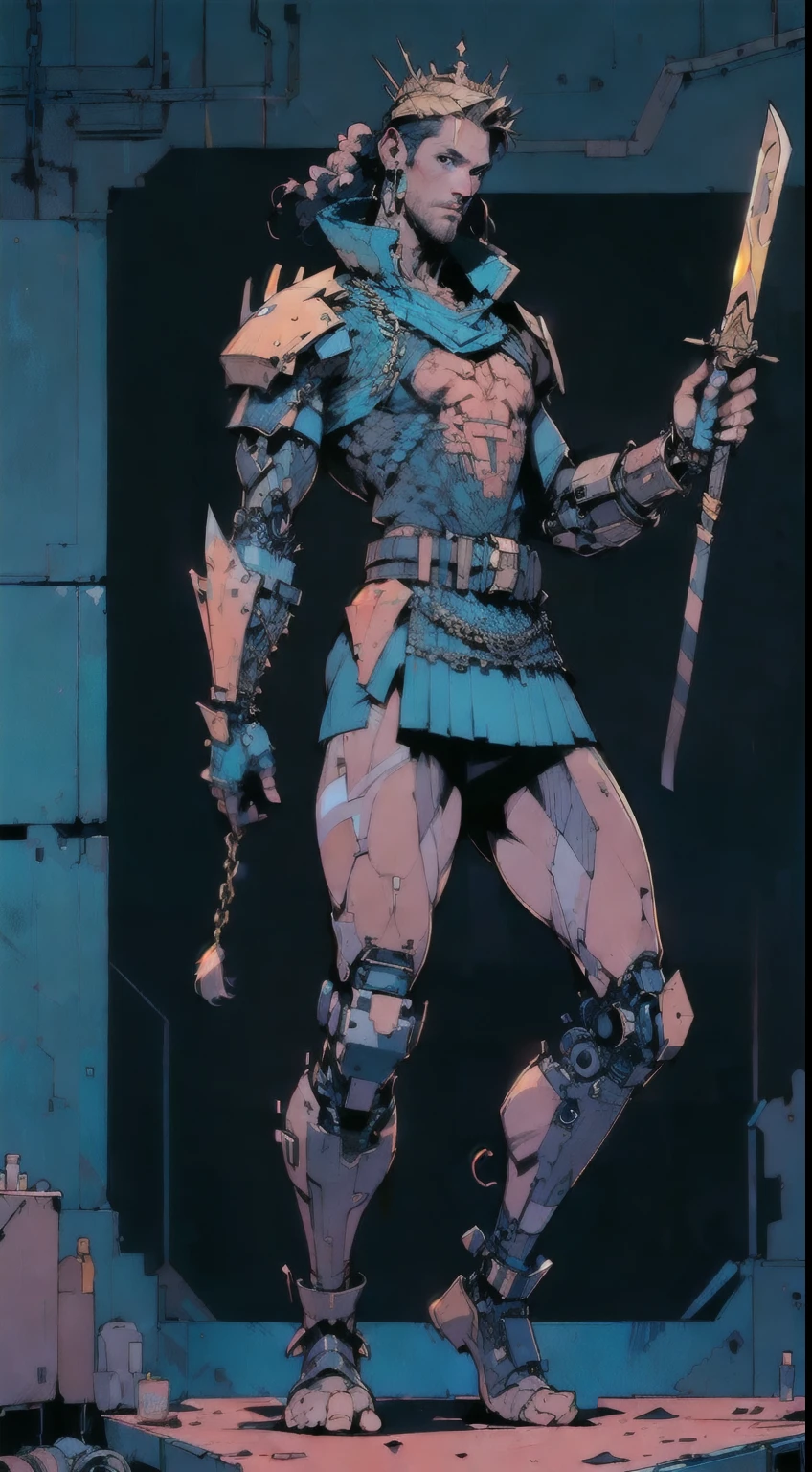 perfect proportions, anatomically correct, (head to toe: 2.0), (full body image: 2.0), solo, extremely stylized, deviant art, masterpiece, highly detailed, detailed eyes, expressive detailed eyes, detailed pupils, futuristic, ((wearing a crown)), ((holding a scimitar and shield)), (cybernetic arms:1.4), big boots, entire body image, full body shot, nvinkpunk, professional photograph of alexander_skarsgard, tassles, large beads, (large tassels), cyberpunk, inkpunk, paint platter, ink splatter, (action pose:1.0), ((chainmail shirt))