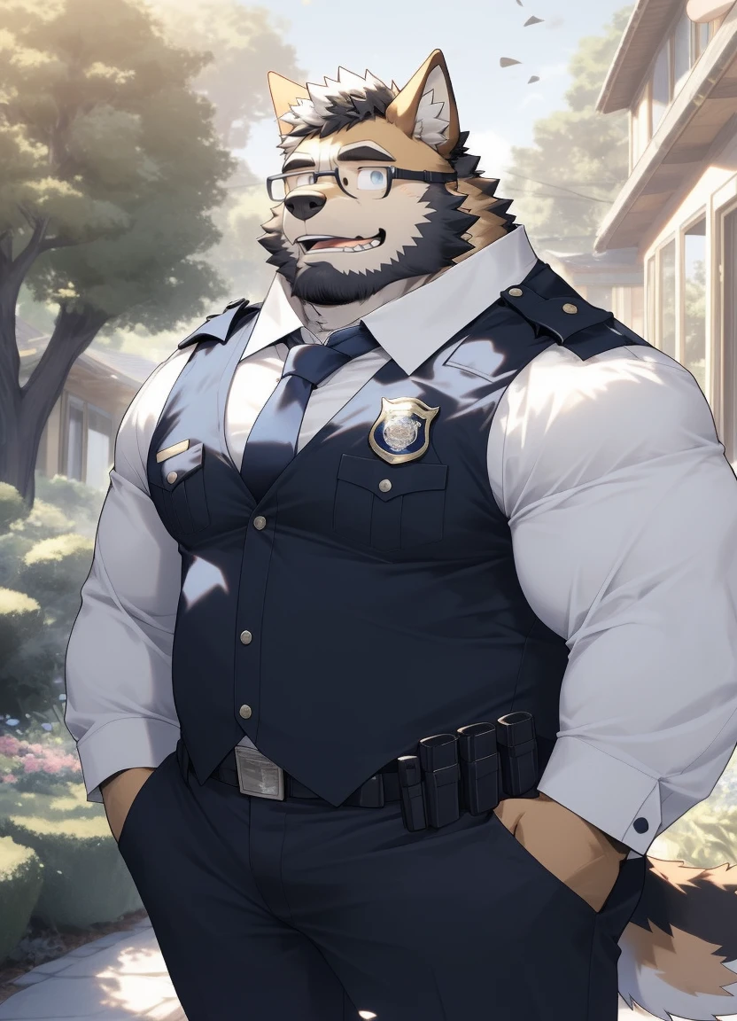hairy,(German Shepherd,Black-rimmed glasses,White shirt,tie,Long-sleeved police uniform,),beard,White fur,male,Common,Full body pictures, Dynamic poses,giggle,garden,Detailed background,极其lifelike阴影,masterpiece,Very detailed,lifelike