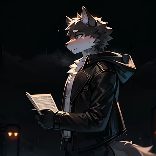 Standing far away,Man Furry black stripes wolf ,jacket ,hold paper of script in hand, little sad face, endless shadow background ,standing in the rain,Three spotlights beem shone on him ,