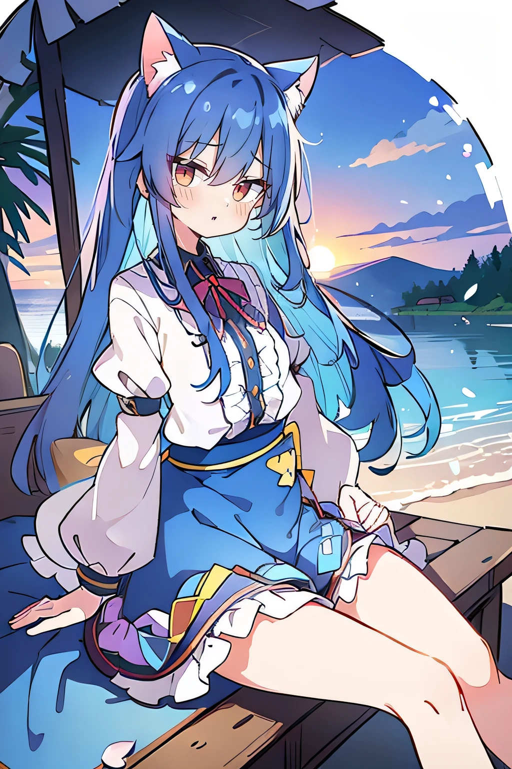 (masterpiece:1.2),Super detailed,Practical,expressive eyes,Fair skin,Perfect face shaping,1 Girl,
Japanese cartoons,Gorgeous blue hair, the long flowing blue hair,Floating clothes,Cat ears,Petals falling,beautiful lola,Young Angel,
Hands on waist,sit elegantly on the ground,Cross your legs,Gentle and peaceful background,Cool and cozy pavilion,Sunset,