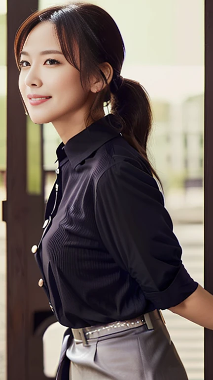 company employee、(Body turned to the side、Shooting from the side、Looking to the side,Shooting from the side:1.6),Not looking here、(General shirt、Wearing a white blouse、Wearing a typical business suit),(The gap in her blouse is slightly open,Only the fourth button is open、The button is closed、Chest visible through the gap in the button、The edge of the bra is visible through the gap between the buttons.:1.5),Mid-chest、slender、ponytail、Black Hair、Beauty、23 years old、cute、smile、(Long shirt:1.8),Tuck the shirt into the skirt、Cleavage
