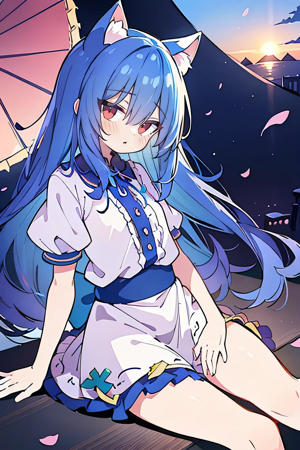 (masterpiece:1.2),Super detailed,Practical,expressive eyes,Fair skin,Perfect face shaping,1 Girl,
Japanese cartoons,Gorgeous blue hair, the long flowing blue hair,Floating clothes,Cat ears,Petals falling,beautiful lola,Young Angel,
Hands on waist,sit elegantly on the ground,Cross your legs,Gentle and peaceful background,Cool and cozy pavilion,Sunset,