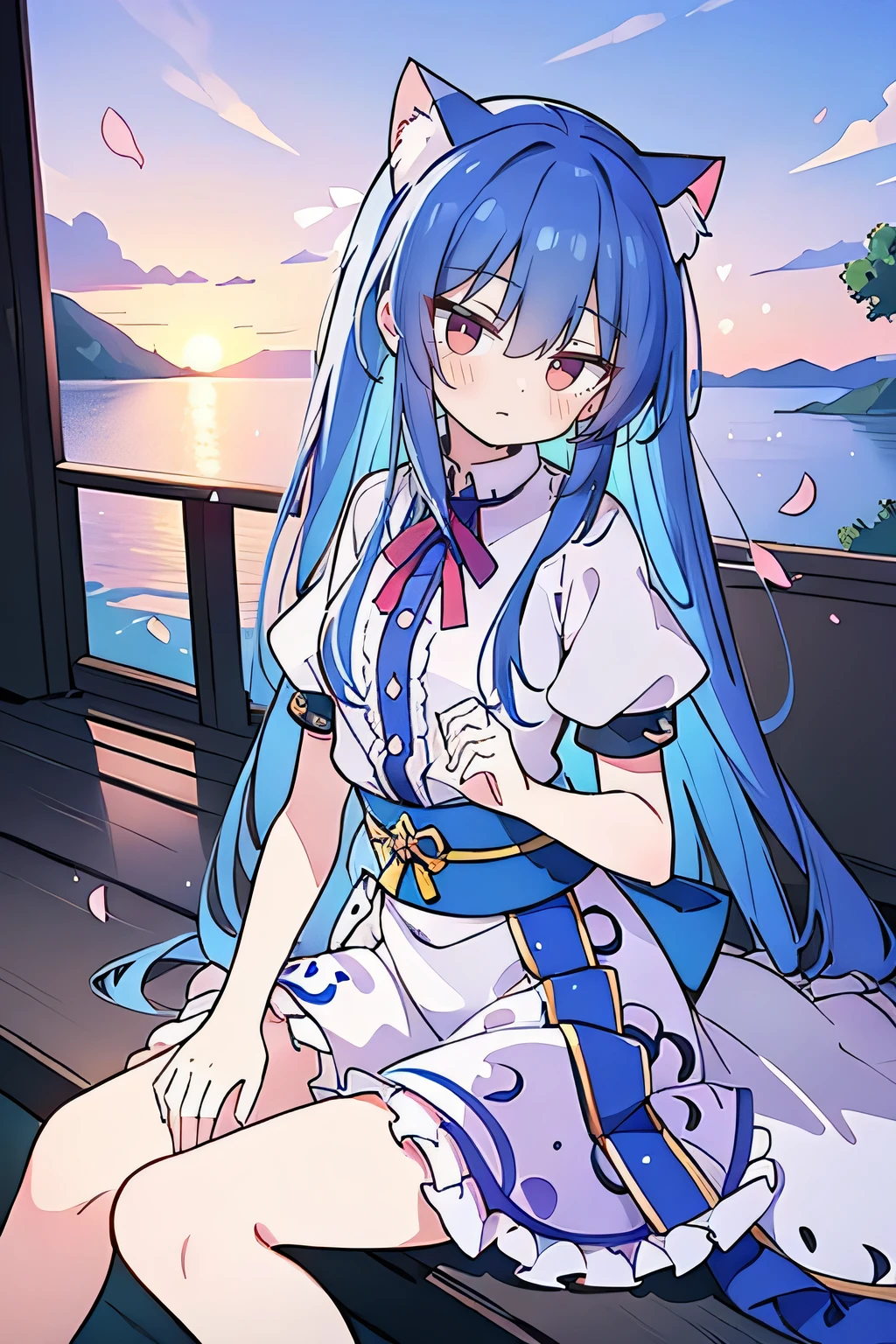 (masterpiece:1.2),Super detailed,Practical,expressive eyes,Fair skin,Perfect face shaping,1 Girl,
Japanese cartoons,Gorgeous blue hair, the long flowing blue hair,Floating clothes,Cat ears,Petals falling,beautiful lola,Young Angel,
Hands on waist,sit elegantly on the ground,Cross your legs,Gentle and peaceful background,Cool and cozy pavilion,Sunset,