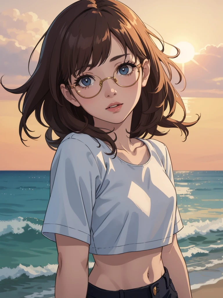 1girl, white crop top, beach, sun glasses, beautiful detailed eyes, beautiful detailed lips, extremely detailed face and skin, long eyelashes, soft natural lighting, golden hour, cinematic, photorealistic, 8k, highres, (best quality, masterpiece:1.2), ultra-detailed, realistic, photo-realistic:1.37, warm color tones, golden hour lighting, bokeh background, ocean waves, sandy beach, clear blue sky