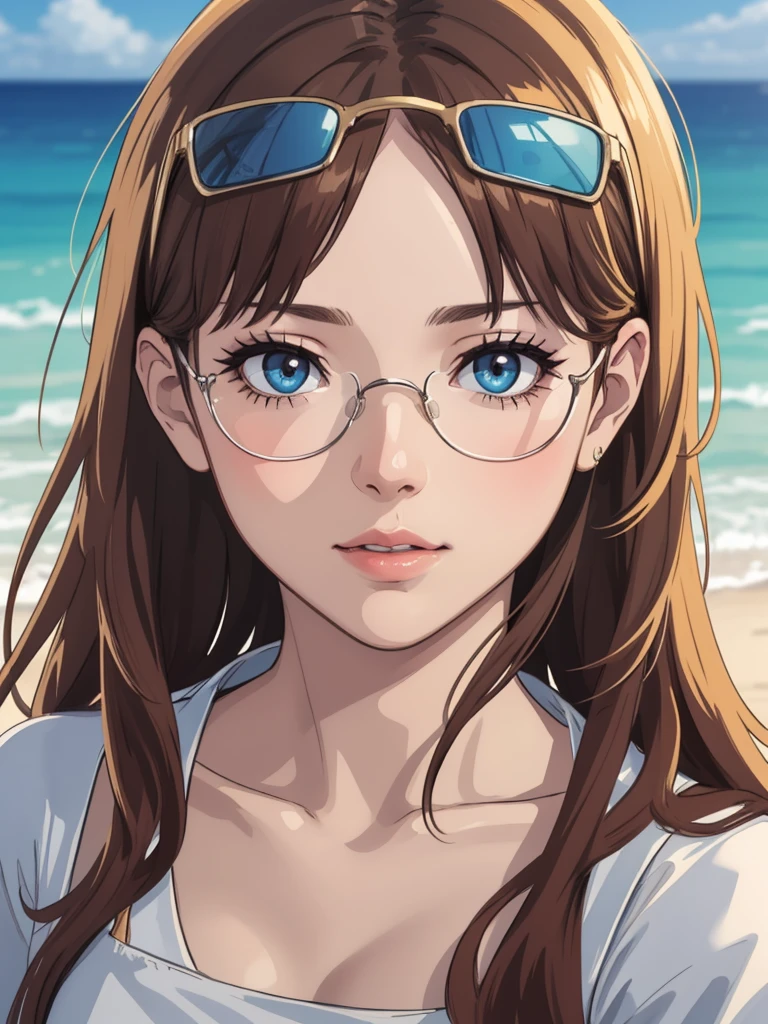 1girl, white crop top, beach, sun glasses, beautiful detailed eyes, beautiful detailed lips, extremely detailed face and skin, long eyelashes, soft natural lighting, golden hour, cinematic, photorealistic, 8k, highres, (best quality, masterpiece:1.2), ultra-detailed, realistic, photo-realistic:1.37, warm color tones, golden hour lighting, bokeh background, ocean waves, sandy beach, clear blue sky