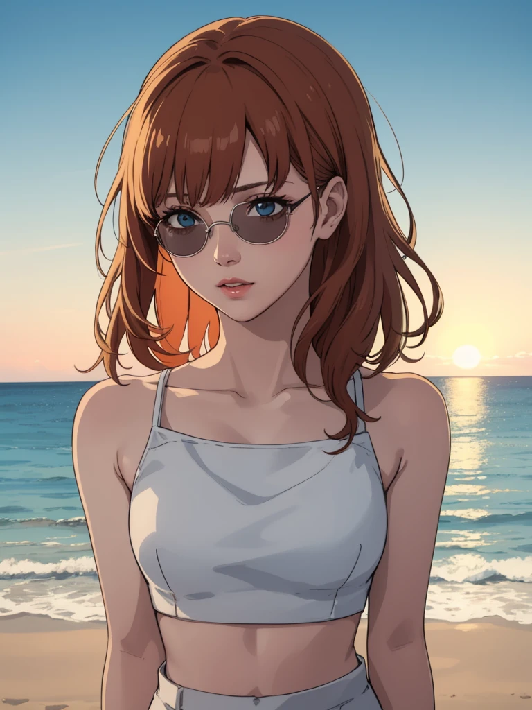 1girl, white crop top, beach, sun glasses, beautiful detailed eyes, beautiful detailed lips, extremely detailed face and skin, long eyelashes, soft natural lighting, golden hour, cinematic, photorealistic, 8k, highres, (best quality, masterpiece:1.2), ultra-detailed, realistic, photo-realistic:1.37, warm color tones, golden hour lighting, bokeh background, ocean waves, sandy beach, clear blue sky