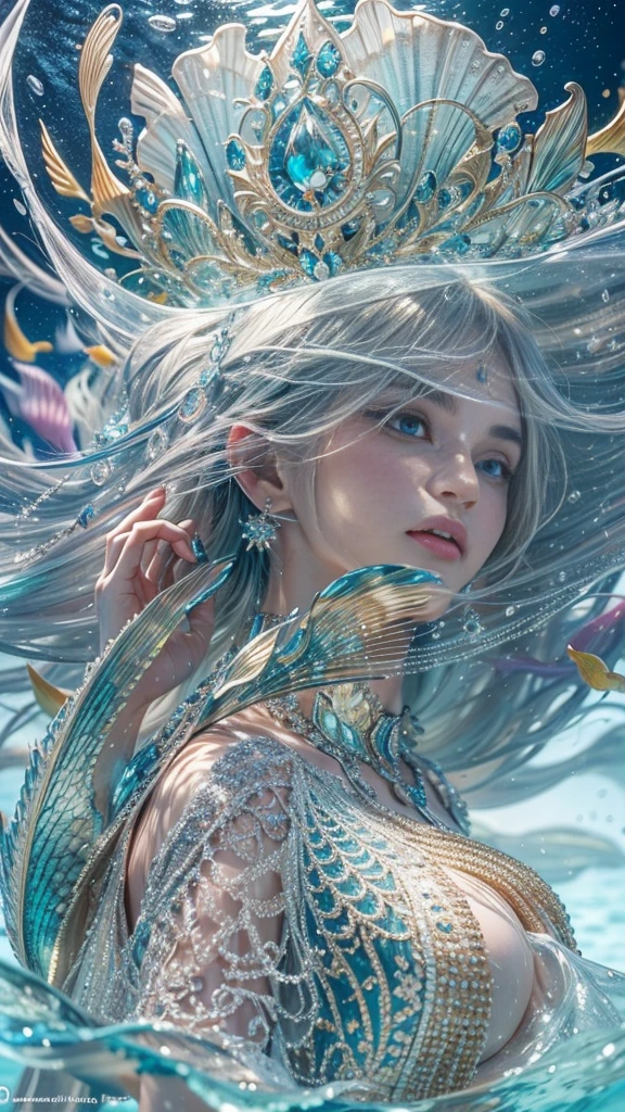 (RAW shooting, 32k, highest quality, masterpiece, Ultra-high resolution), (Deep sea at night:1.0, Dramatic moonlight:0.7, Mysterious underwater world:1.3, Expressions of sadness:1.0), Side Shot, Fractal Art:1.3, Perfect dynamic composition:1.2, Very detailedな肌と顔の質感:1.2, Beautiful shell and coral decoration, Surrounded by lots of colorful fish, Rich underwater vegetation, (The subject is being viewed from a distance:1.3, Dynamic flow of water waves:1.2, Slim mermaid figure:1.0, Shimmering Scales, Mermaid tail), Fair skin, Incredibly slim body:0.8, Very beautiful face, Water droplets on the skin, Very detailed, Gorgeous silver shiny dress portrait, Big eyes that exude beauty, Beautiful big lips, elegant and sophisticated, Unreal atmosphere, necklace, Earrings, bracelet