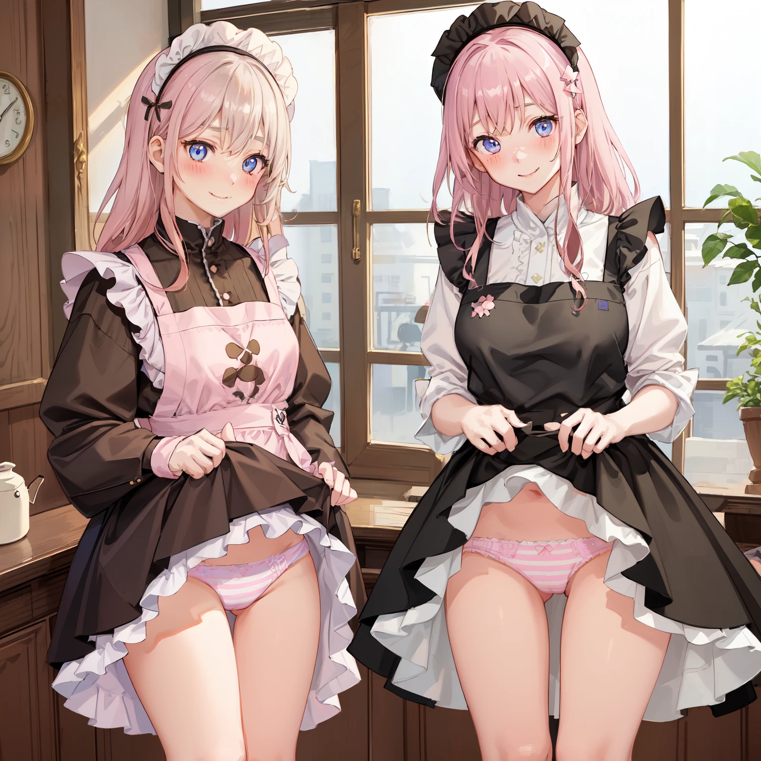 highest quality、masterpiece、((2 girls:1.5))、((smile:1.3))、(blush:1.3)、Black Shirt、blouse、((fun!!))、(Small breasts)、()、Blonde、(Long sleeve)、((White apron:1.5))、((Maid))、((hair ornaments)),、Kamimei、look at me、 ((in house:1.5))、 Taking a break from watching the audience、Cowboy Shot、(Skirt lift:1.3),(Highly detailed pink striped panties:1.3)、(Highly detailed panties:1.3)、、(スカート that rolls up:1.3)、(Panties fully exposed:1.5)、Light blue eyes、long hair、Glowing Eyes