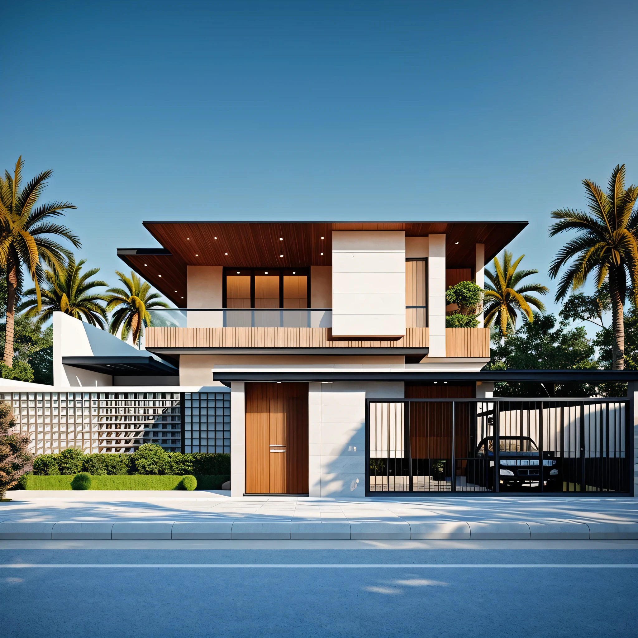 Minimalist architecture, the main materials of the house include white walls, blue concrete effect walls, Realistic images, extremely detailed, a modern house, 1 road in font of house, large yard made by ceramic, (1 car), brick fence, lawn, a few small flowers, a road in front of the house, main materials of the house are white walls and red brick, Modern design, clear blue sky, sunrise light, light from inside, dynamic light,shimering light, cinematic light, romantic feeling, (((day light, warm light)))