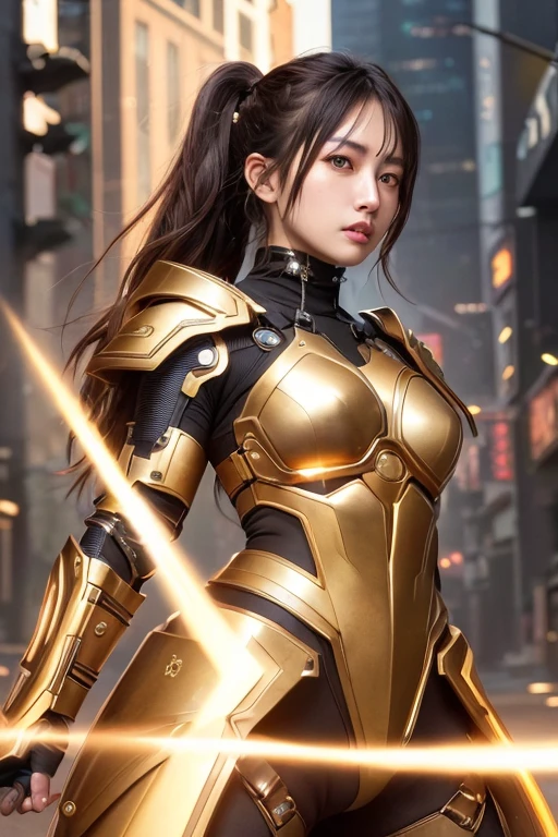 Digital Cyberpunk Art、highest quality、Ultra-high quality CG Unity 8K、Brown medium hair、One Japanese woman、Medium chest、Cyberpunk armor、Wearing shiny metallic gold mechanical armor、LED-illuminated patterned armor、Stand in the devastated wilderness、(fighting stance)