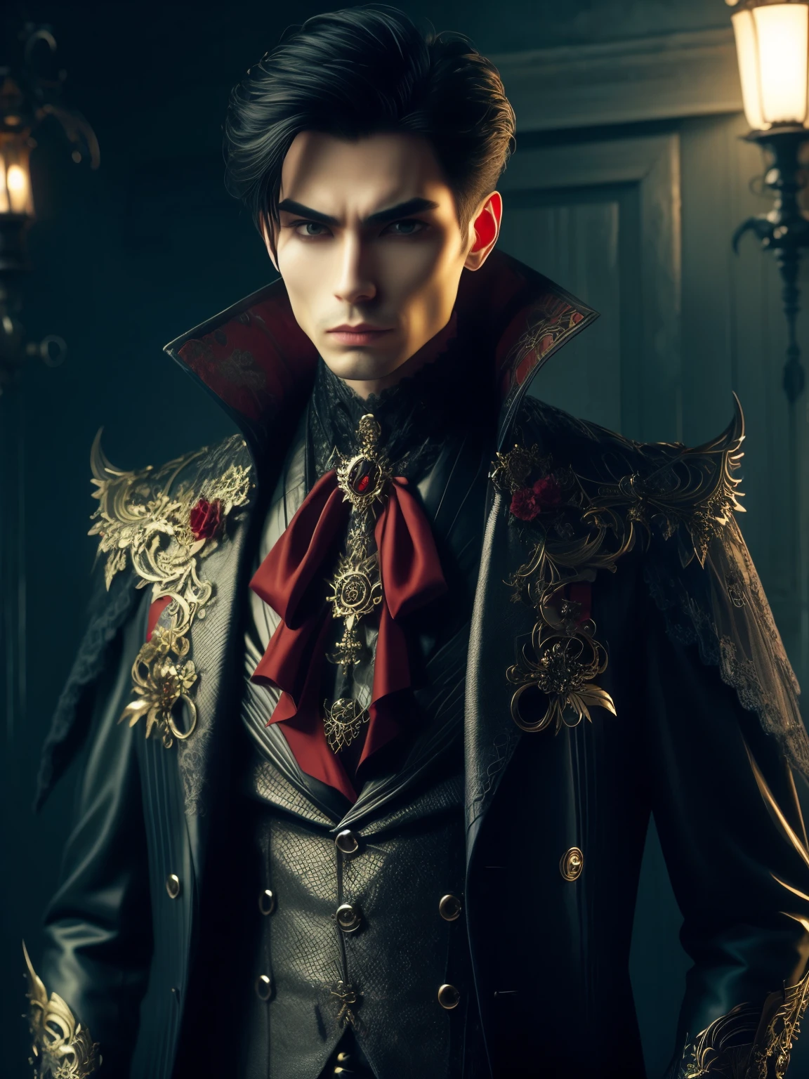 (high quality), (masterpiece), (detailed), 8K, Hyper-realistic illustration depicts (Japanese boy1.3) dressed in (vampire attire1.2) with intricate (lace details1.2) and (blood-red accents1.2), set against a (dark, misty background1.2) with subtle (moonlight1.2) casting an eerie glow. In style of Yoshitaka Amano, trending on DeviantArt.