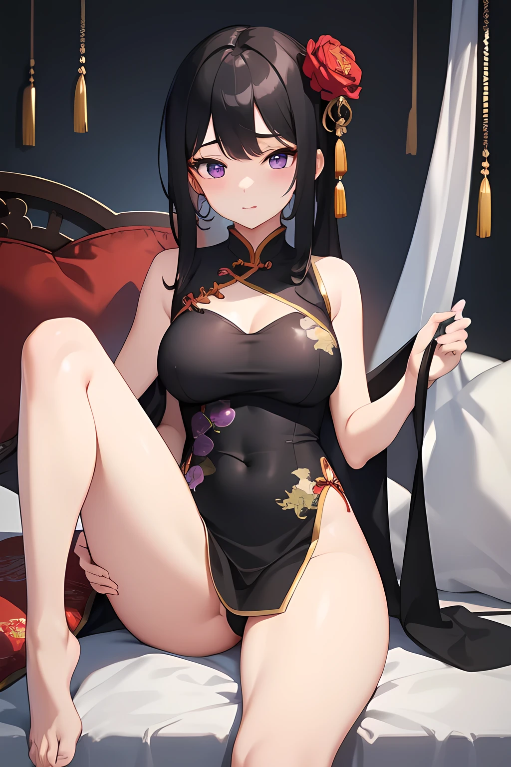 Chinese girl with black hair tied in a purple cheongsam Seductive appearance, large, medium breasts, beautiful legs, big clear eyes, calm eyesight.