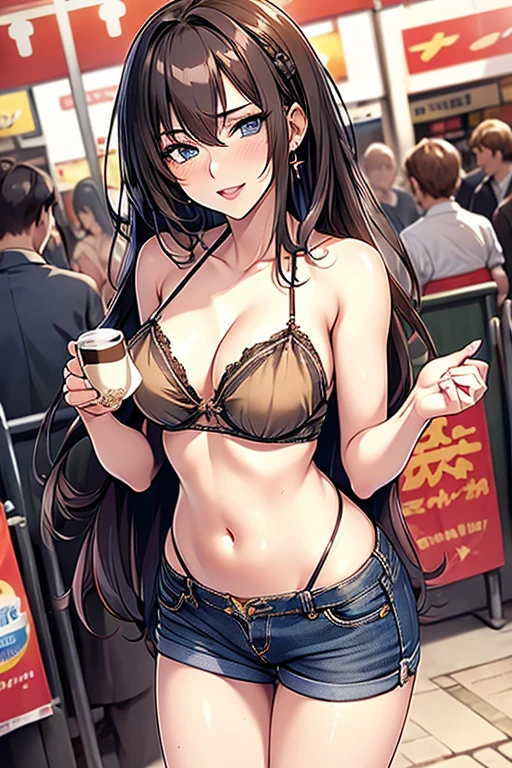 (masterpiece, Best Quality, ultra-detailed, high resolution, extremely detailed CG, official art, Professional Lighting, Perfect Anatomy, anime colors), (from below), looking at viewer, cowboy shot, perfect body, a 24yo beautiful girl, sidelocks, hairband, earrings,medium hips, glamorous body,a small face,beautiful-makeup,Makeup light,dark brown hair, Amazing Cleavage, thin waist, cute ass, Raised sexy, small breast: 1.2 posed cleavage:1.2, (off shoulders,Denimbra,legginullnude), micro denim shorts, bare legs, nail_polish, pale skin, Waiting friend, (morning:1.5), tokyo, (convenience store:1.3), outdoor, (depth of field:1.3), contrapposto, (Hold a coffee in your hand:1.3),delicate beautiful face, Bright blue eyes, cute eyes, sparkling eyes, Big eyes, (perky chest:1.1), (pointed chest:1.3), looking at viewer,