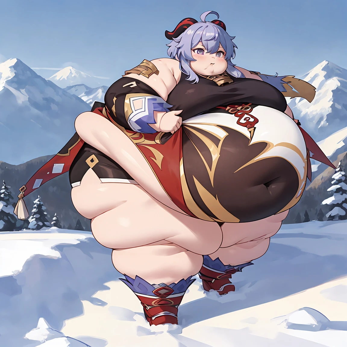 ((Masterpiece)), obese ganyu \(genshin impact\), thick thighs, fat arms, big cheeks, ganyudef, outdoors, mountains, purple eyes, 4K, ultra detailed