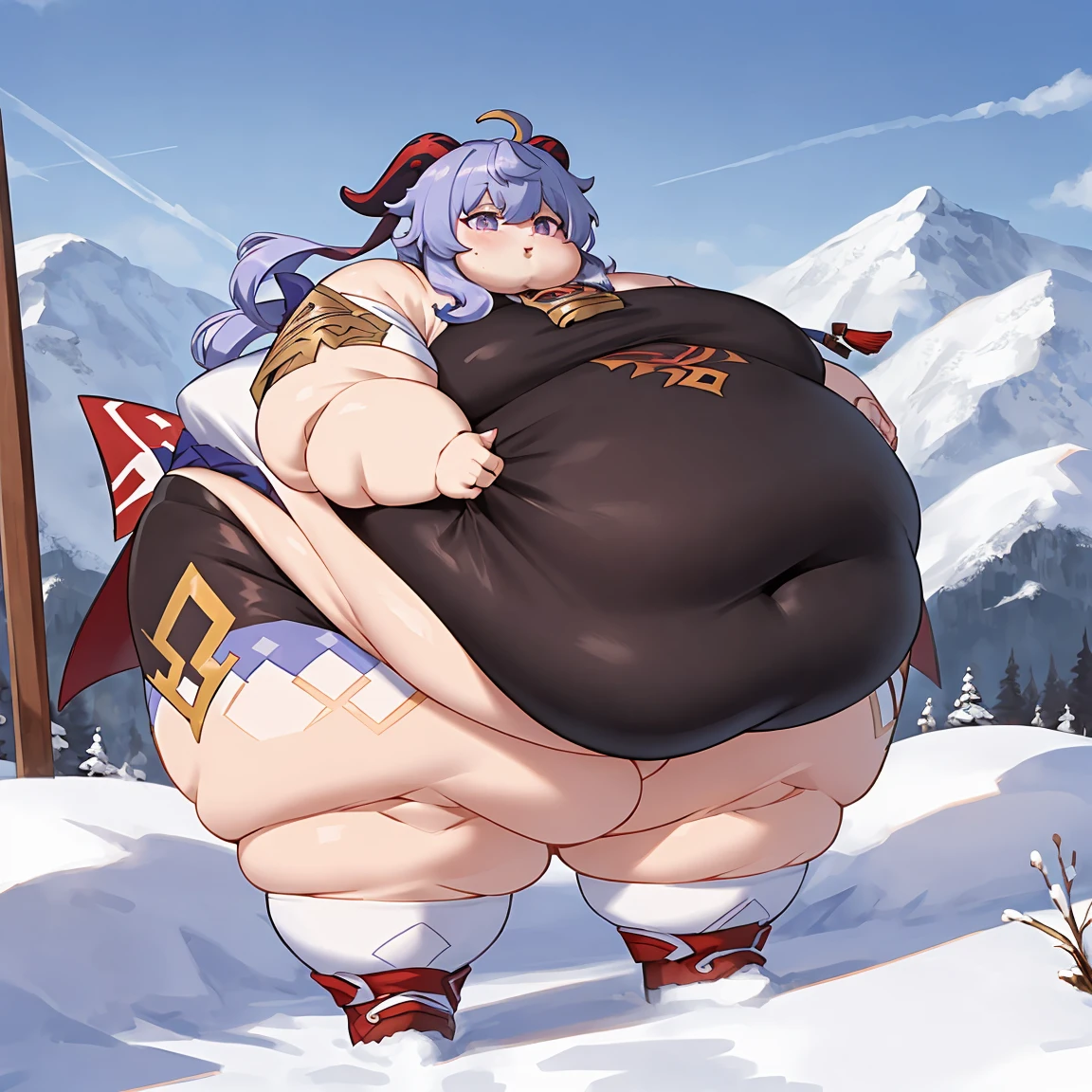 ((Masterpiece)), obese ganyu \(genshin impact\), thick thighs, fat arms, big cheeks, ganyudef, outdoors, mountains, purple eyes, 4K, ultra detailed
 