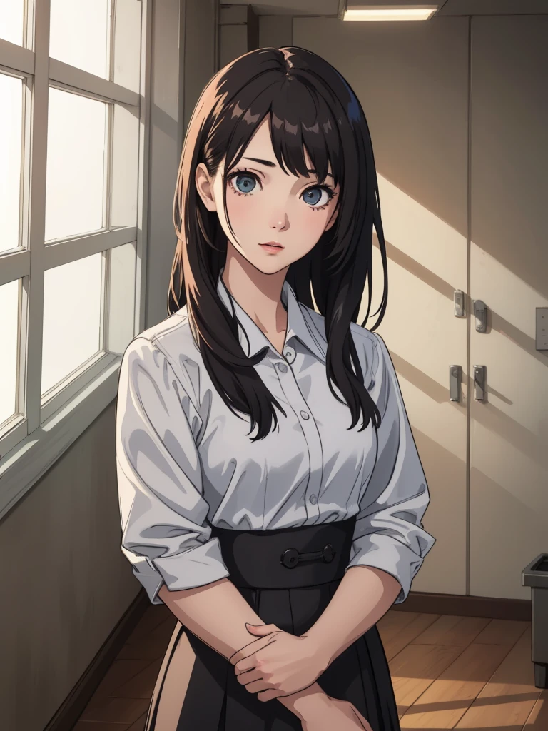 1girl in a , detailed facial features, beautiful eyes, elegant expression, long hair, standing in a school hallway, sunlight streaming through windows, highly detailed, photorealistic, 8k, masterpiece, cinematic lighting, warm color tones, intricate details