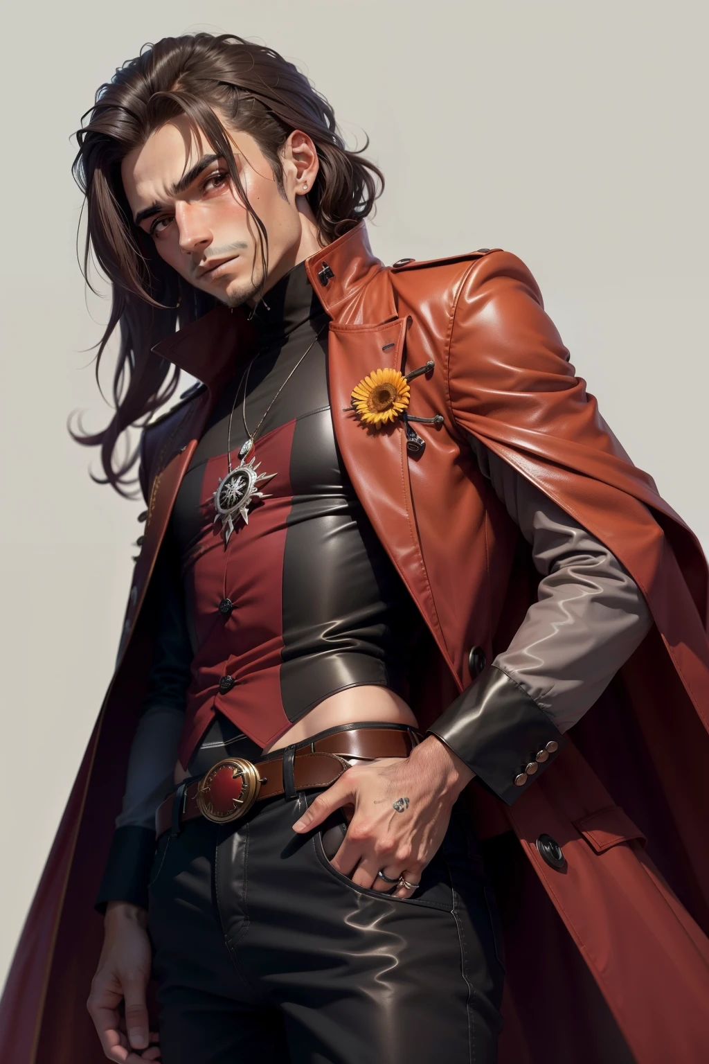 Um garoto entre 20 a 25 anos, ruivo cacheado e usando uma venda preta nos olhos, wears a dark brown overcoat with a violet sewn on the right arm, and a genderfluid flag sewn on the other, por baixo do sobretudo ele veste uma camisa social branca e um colete cor vinho, uma gravata vermelha com um broche de girassol preso a ela,