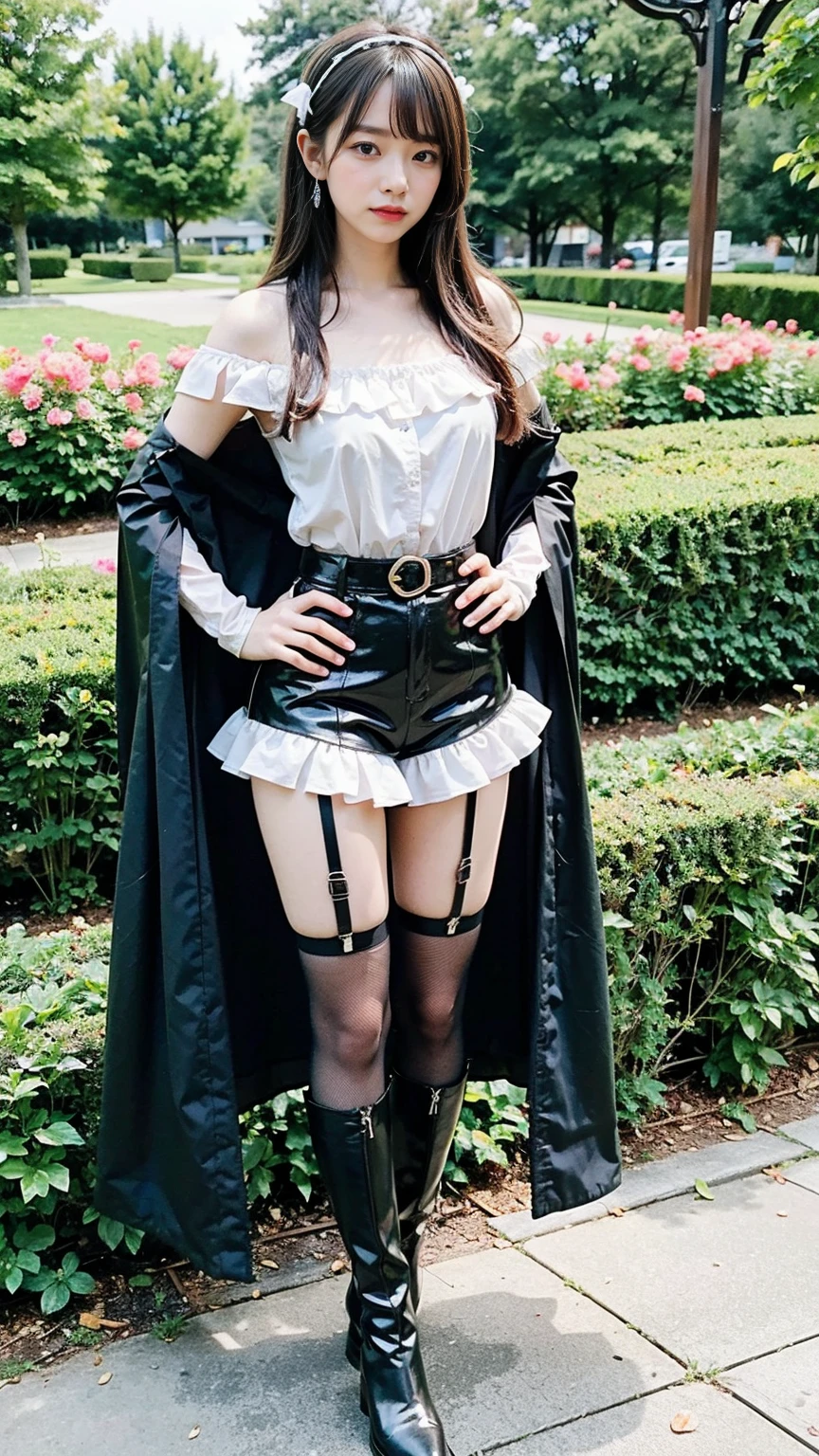 (8k、RAW Photos、highest quality、masterpiece:1.2)、(Realistic、Realistic)、1 girl、((black and white mini skirt、Belly button、Cape、Off the shoulder、Frills、ribbon、See-through、stage、編み上げboots、garden、garter belt、View from the front、boots、Standing with hands on hips))、