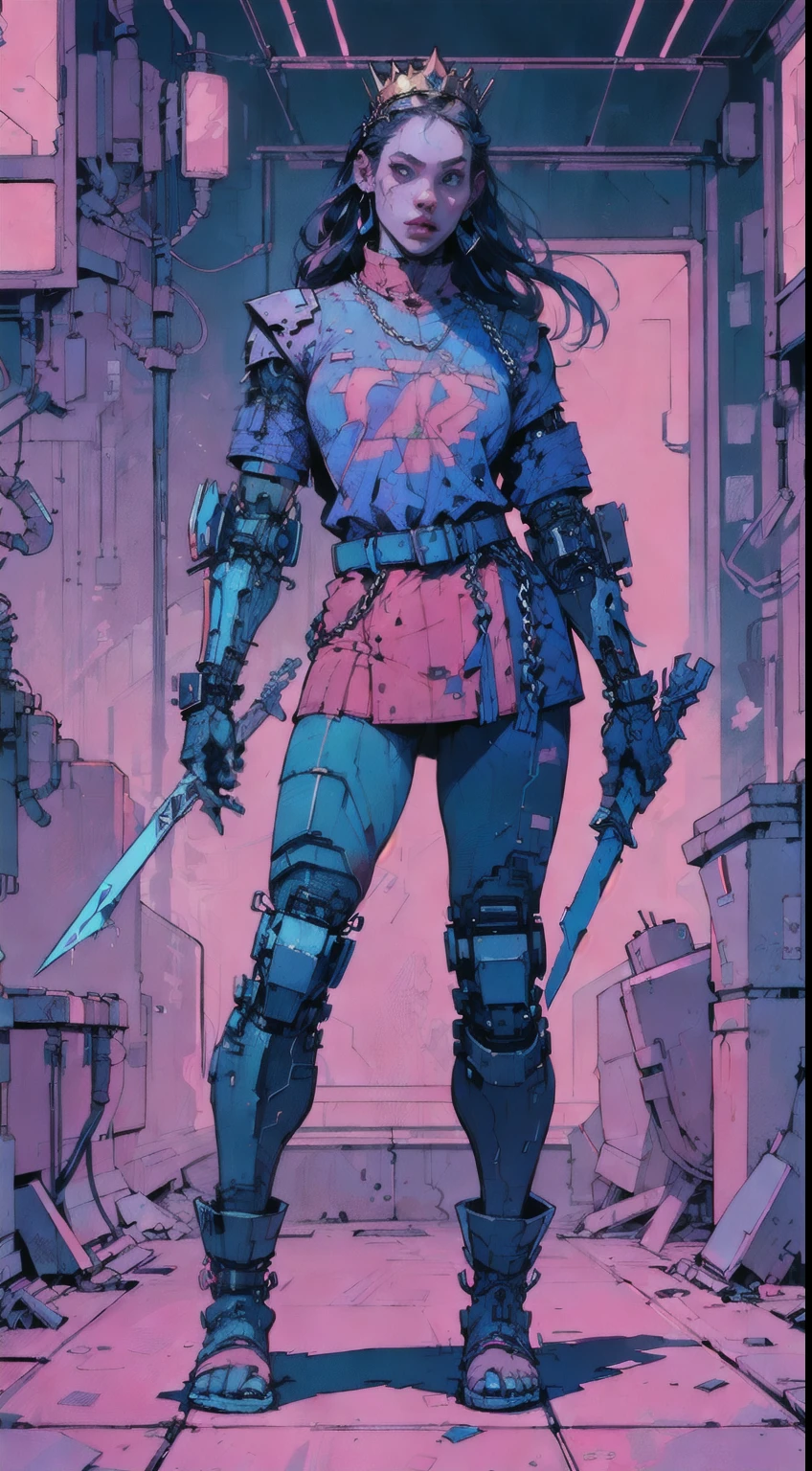 perfect proportions, anatomically correct, (head to toe: 2.0), (full body image: 2.0), solo, extremely stylized, deviant art, masterpiece, highly detailed, detailed eyes, expressive detailed eyes, detailed pupils, futuristic, ((wearing a crown)), ((holding a scimitar and shield)), (cybernetic arms:1.4), big boots, entire body image, full body shot, nvinkpunk, professional photograph of alexander_skarsgard, tassles, large beads, (large tassels), cyberpunk, inkpunk, paint platter, ink splatter, (action pose:1.0), ((chainmail shirt))