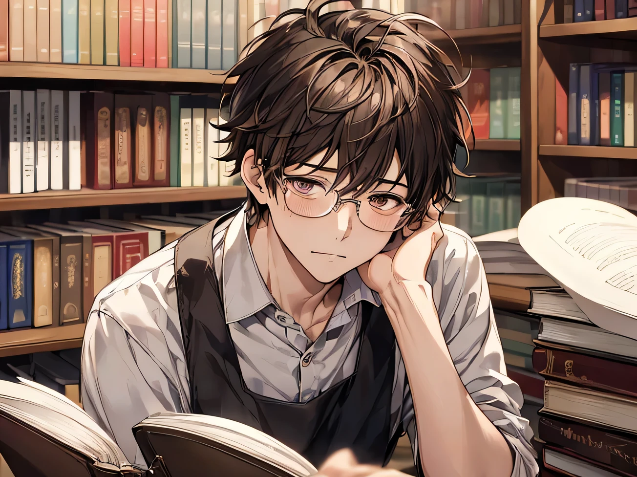 masterpiece,highest quality,Face close-up, ,melancholy, book store clerk, apron,Male,25age,male,alone,Glasses,Kedaruge、messy hair, Brown,shirt,,book store,Background Bookshelf