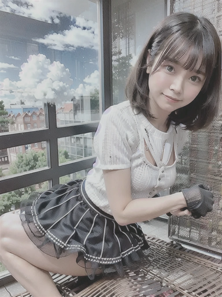 (dynamic poses:1.4), (Dynamic Angle:1.4), rest (Detailed background:1.4)、Ultra Detailed背景、(floating light blue clouds:1.4)、(floating blue flowers:1.4)、 rest (perfect anatomy、Perfect hands:1.4)、(perfect five fingers:1.4)、(Perfect 4 long fingers and perfect short thumb:1.4)、(The thumb is shorter than the other 4 fingers:1.4)、(Perfect arms:1.4)、(Perfect two legs:1.4)、((Top quality、8K、masterpiece:1.3))、1 Girl、一个Smile、whole body、face slimming、Pretty Woman、(Dark brown hair)、Ultra-fine face、Delicate eyes、Double eyelids、Blurred Background、face slimming、Lovely、Very pretty beautiful girl、happy smiley face、comprehensive、Ultra Detailed、4k、On the table、Little mouth、huge 、here、underwear、Short skirt,High waist skirt,Boss,Sleeveless,bob cuts,Boots,Ultra Detailed, 4k, On the table,Smile,Little mouth,White shirt、Skirts that show the body line、Low Angle、White sweater、Takushige、