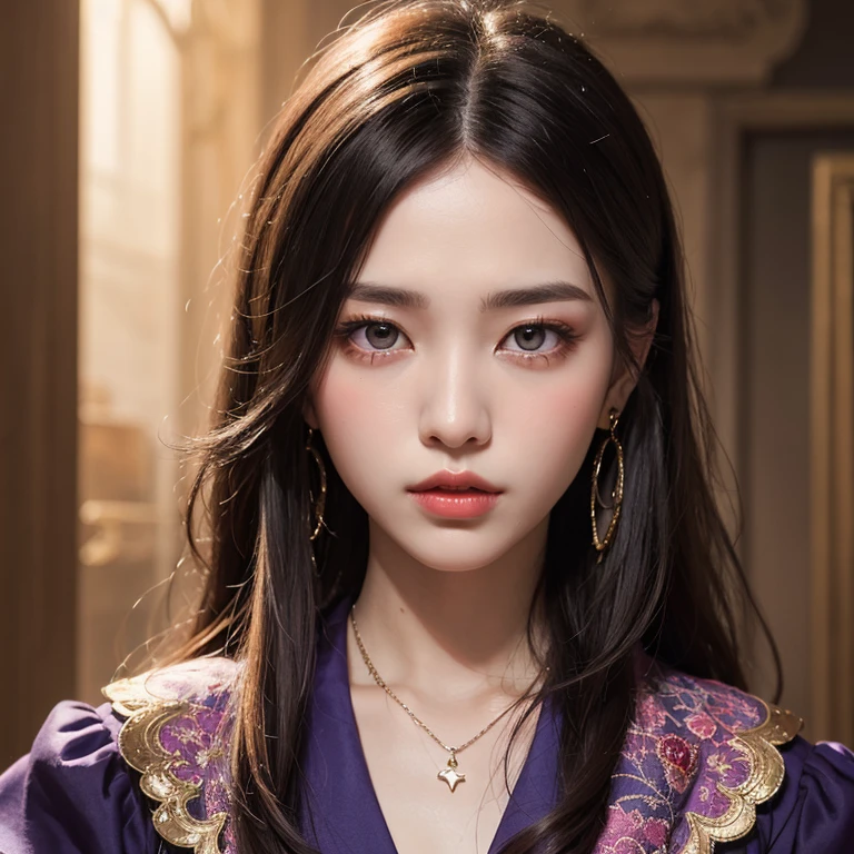 ((best quality)), ((masterpiece)), (detailed), Perfect face,Hanfu beauty, Thin purple silk shirt,White,Various textures, White蕾丝上衣, Platinum purple long ponytail, Hair accessories, earrings, Necklaces and necklaces, Carefully drawn large purple eyes, Detailed makeup, Thin eyebrows, high nose, Lovely red lips, No smile, purse lips, blush, broad mind, Large Breasts , Well-proportioned breasts, Slim waist, Purple fishnet socks, Chinese Hanfu style, Fictional art texture, Bright colors、Lifelike, original photo, Realistic photos, Ultra-high quality 8K hyper-realistic photos, (Effective fantasy lighting effects: 1.8), 10x pixel, Magic Effects (background): 1.8), super detailed eyes, Girl full body portrait, Solo Girl