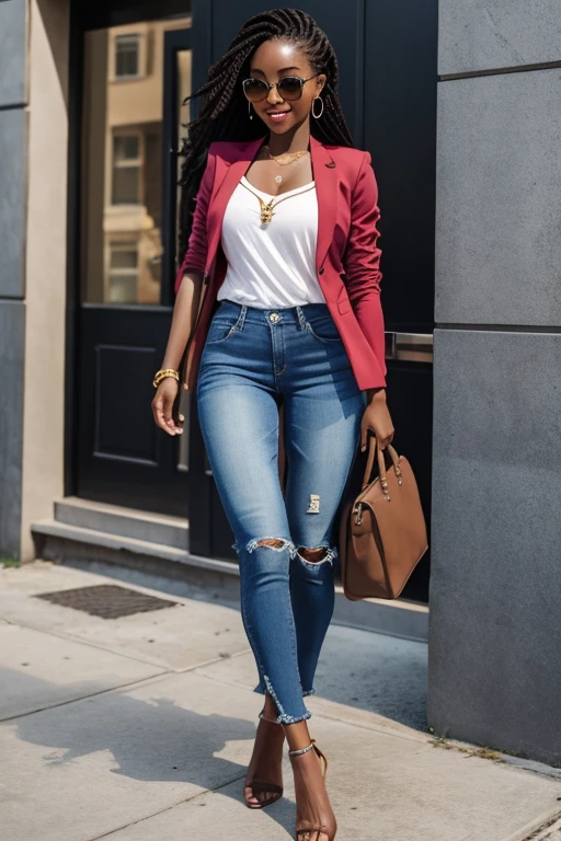 (full body:1;4), Beautiful 19 yo African woman. Fit, tall, perfect ass, shapely toned legs. Long braided hair. Friendly smile. Jacket, blouse, jeans, open toe heels.(joy)