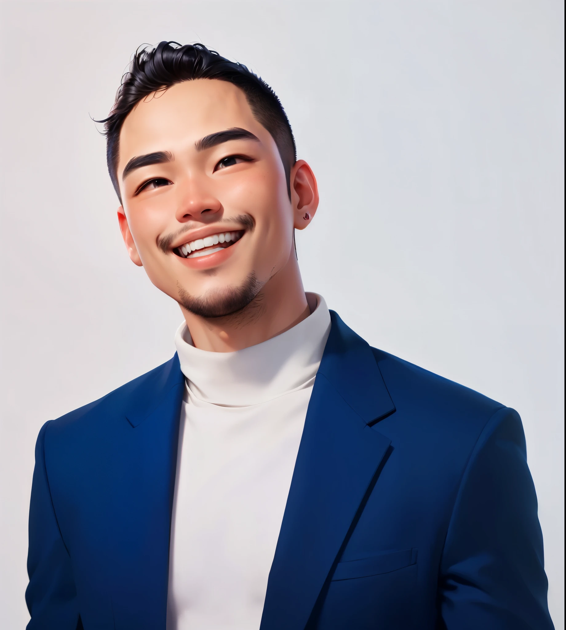 arafed man in a blue suit and white turtleneck smiling, andrew thomas huang, headshot profile picture, portrait of danny gonzalez, asian male, inspired by Pablo Carpio, asian man, ramil sunga, rick dai, khyzyl saleem, david luong, enes dirig, aykut aydogdu, reuben wu, promotional portrait