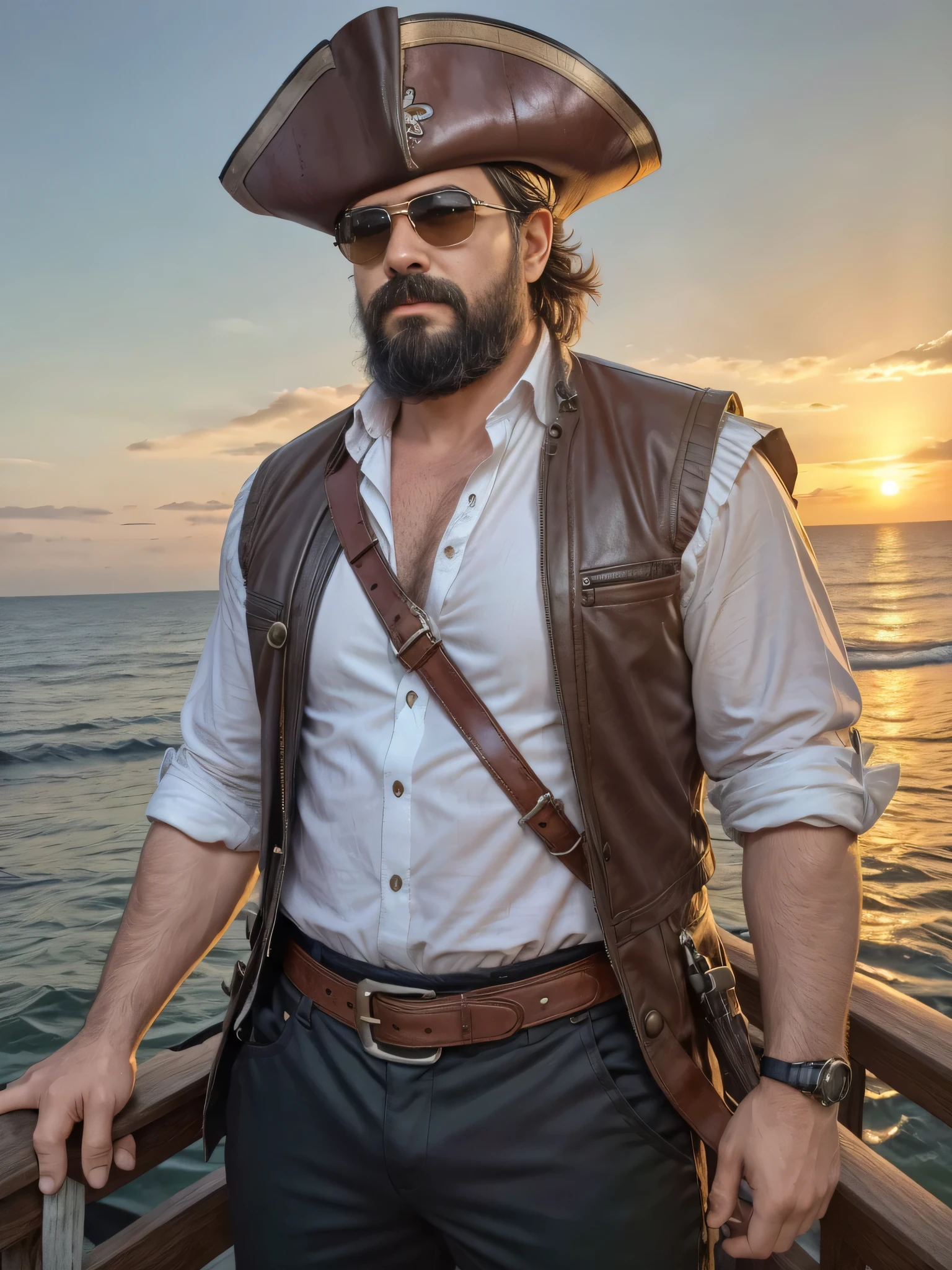 {
  "prompt": "A very masculine 38-year-old man with a beard and wearing dark sunglasses, shown in a medium close-up shot displaying the upper part of his body. He is dressed in a classic pirate outfit with a tricorn hat, a ruffled white shirt, and a leather vest adorned with buckles. The background is a pirate ship deck at sunset, with the ocean and a dramatic sky filled with vibrant hues of orange, pink, and purple. The atmosphere is adventurous and rugged, with wooden planks and sails visible in the background. The man's posture is bold and commanding, his beard neatly trimmed, exuding confidence and a swashbuckling spirit.",
  "size": "1024x1024"
}