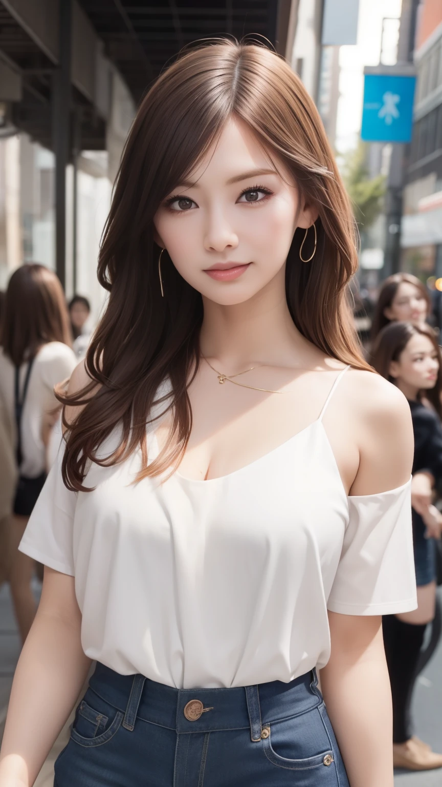 Realistic、Realistic、highest quality、Natural Lip、Fair skin、Great light、Beautiful lighting、bangs、Off the shoulder、Large Breastsの谷間、Large Breasts、White camisole、mini skirt、Gorgeous Accessories、Harajuku、smile、かわいいsmile、Crowds in the city