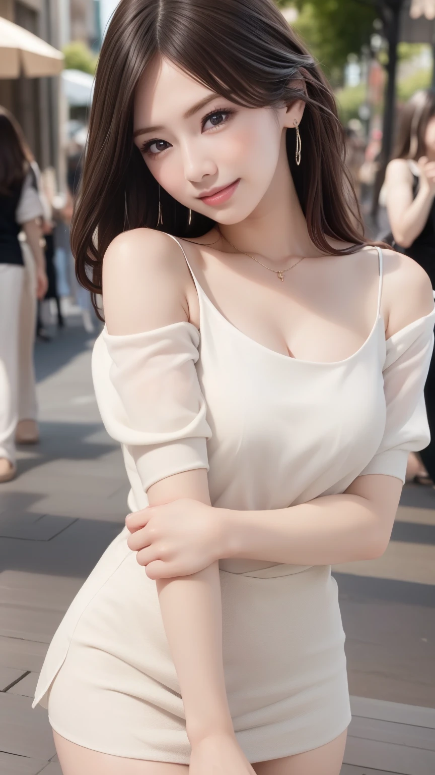 Realistic、Realistic、highest quality、Natural Lip、Fair skin、Great light、Beautiful lighting、Parted bangs、Off the shoulder、Large Breastsの谷間、Large Breasts、White camisole、mini skirt、Gorgeous Accessories、Harajuku、smile、かわいいsmile、Crowds in the city