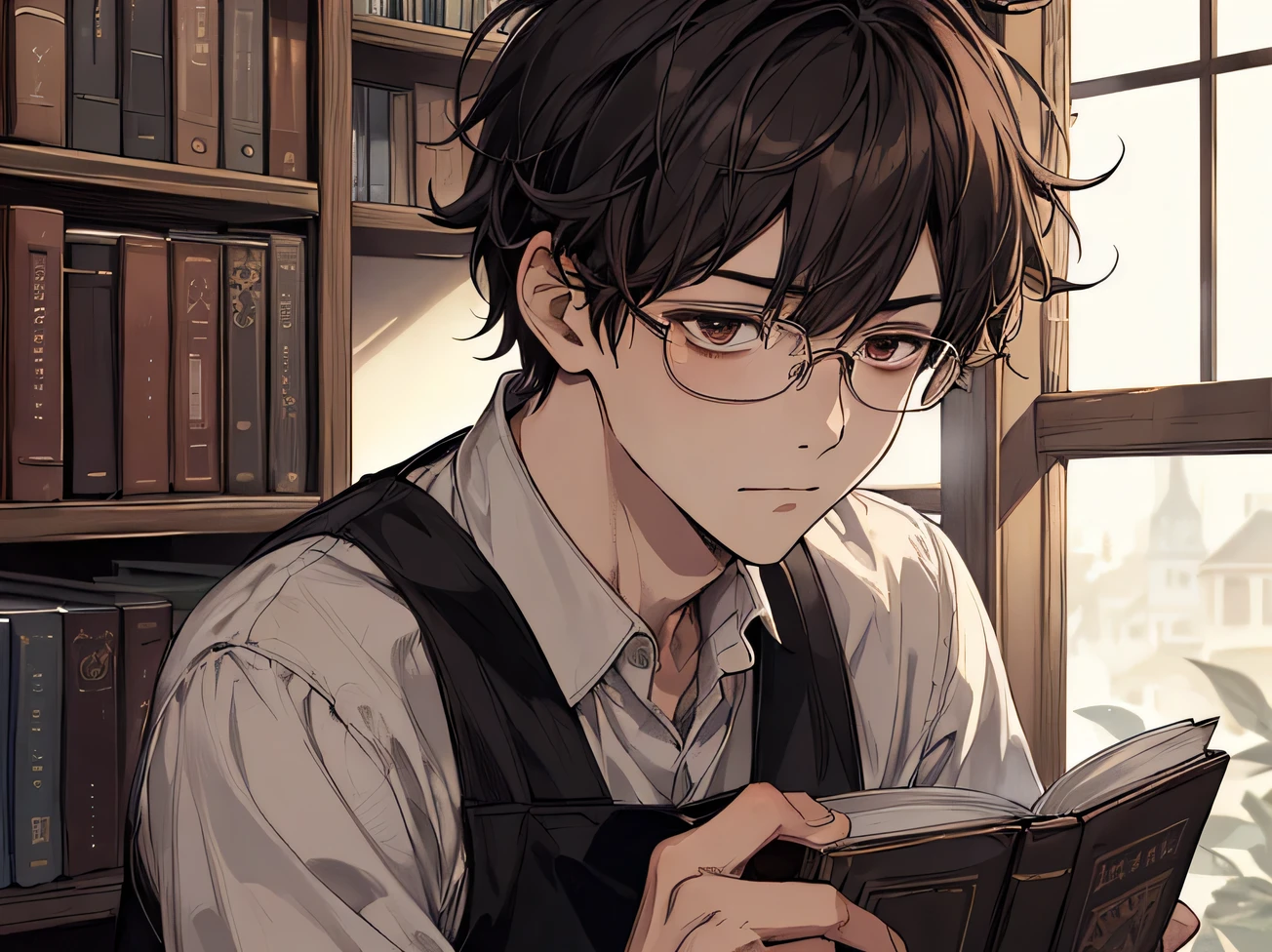 melancholy,Dark atmosphere,masterpiece,highest quality,Face close-up, ,melancholy, book store clerk, apron,Male,25age,male,alone,Glasses,Kedaruge、messy hair, Brown,shirt,,book store,Background Bookshelf