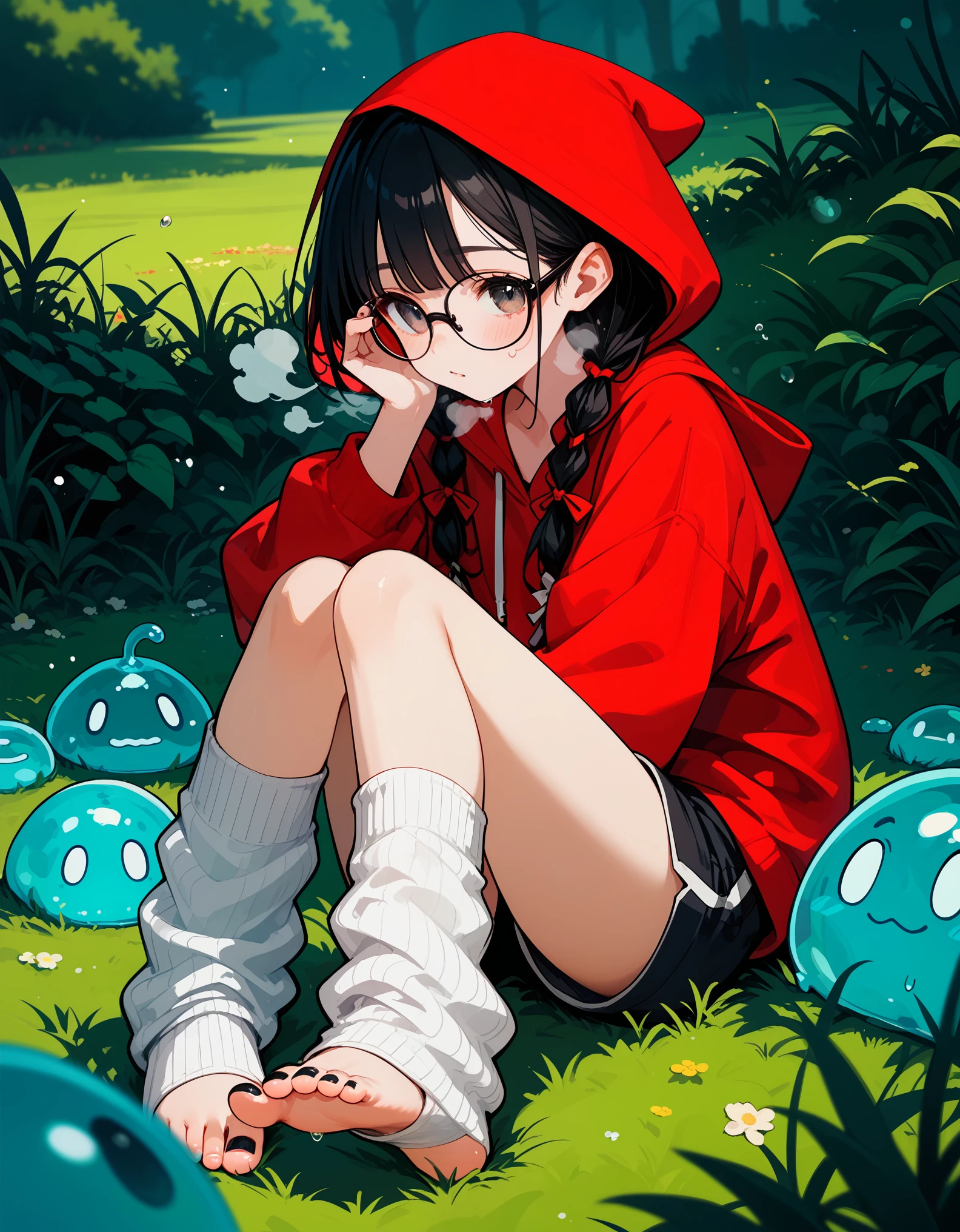 score_10,score_9_up,score_8_up,score_7_up,score_6_up, hadrian, black hair,glasses,low twin braids,black toenails,hair ribbon, oversized hoodie,baggy loose socks stirrup socks,breath,water drop,micro shorts, sitting,simulated footjob,stepped on (slime),outdoors,grass,hood up,red hoodie