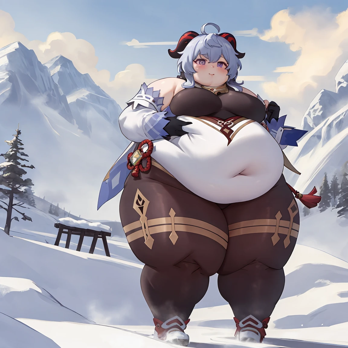 ((Masterpiece)), obese ganyu \(genshin impact\), thick thighs, fat arms, big cheeks, ganyudef, outdoors, mountains, purple eyes, 4K, ultra detailed
 