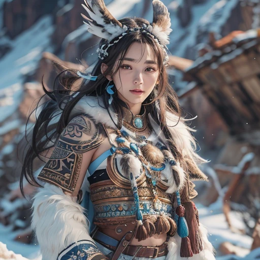 Hiding in the snowy mountains、Hair flow、 ((highest quality、masterpiece、8k、Best image quality、Ultra-high resolution、Award-winning works)、(Accurate anatomy:1.1)、(Look at me and smile:1.1)、Shining fair skin with Ultra-high resolution、The most detailed face、Ultra-high resolution detailed face、Ultra-high resolutionの髪の毛、(Ultra-high resolutionの煌めく瞳:1.1)、Beautiful face drawn in every detail、(Blurred Background:1.1)、Ancient Inuit clothing, Chest to chest, tattoo, Old ruins in the background、Apart from the real giant eagle
