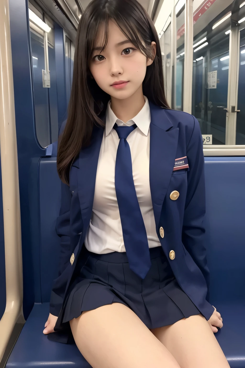 [[[[[pubic hair]]]]], ((beautiful breasts)), [[[bra]]], ((spread pussy)), ((vaginal)), spread legs, ((in the train)),  ((School_uniform),(Dark Blue Blazer), (White shirt、Wear a tie).