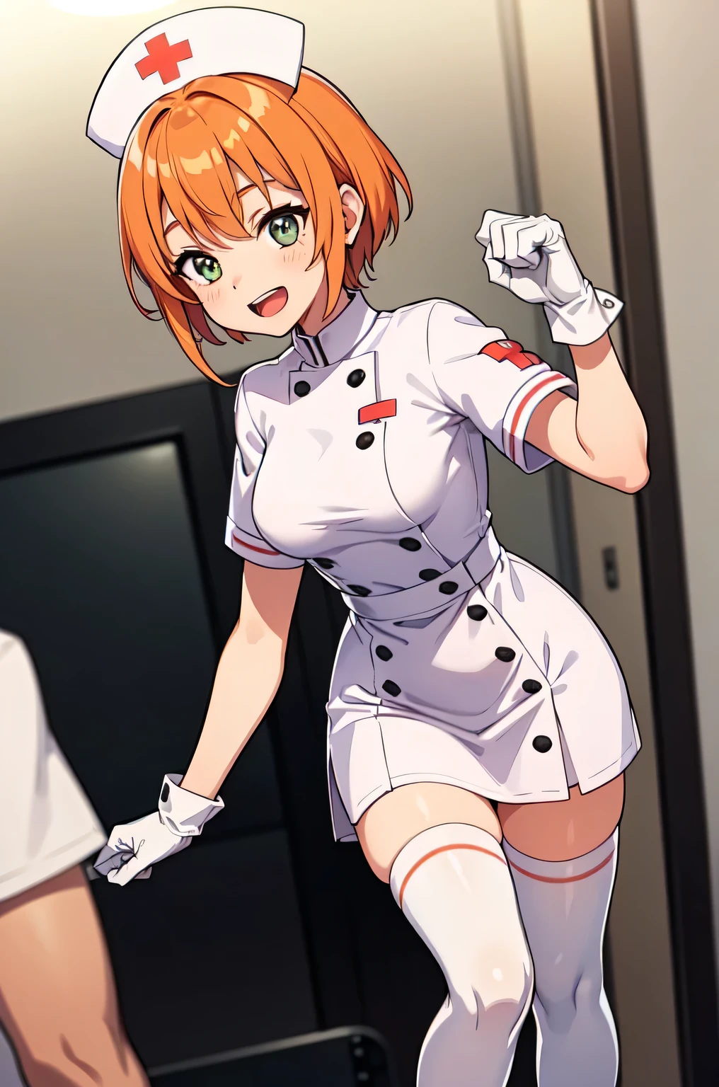 1girl, solo, nurse, nurse cap, white nurse uniform, ((white legwear, zettai ryouiki)), white gloves, very short hair, orange hair, smile, open mouth, standing, ((hospital room)), sharp outline, short sleeves, tomboy, boyish, best quality, masterpiece