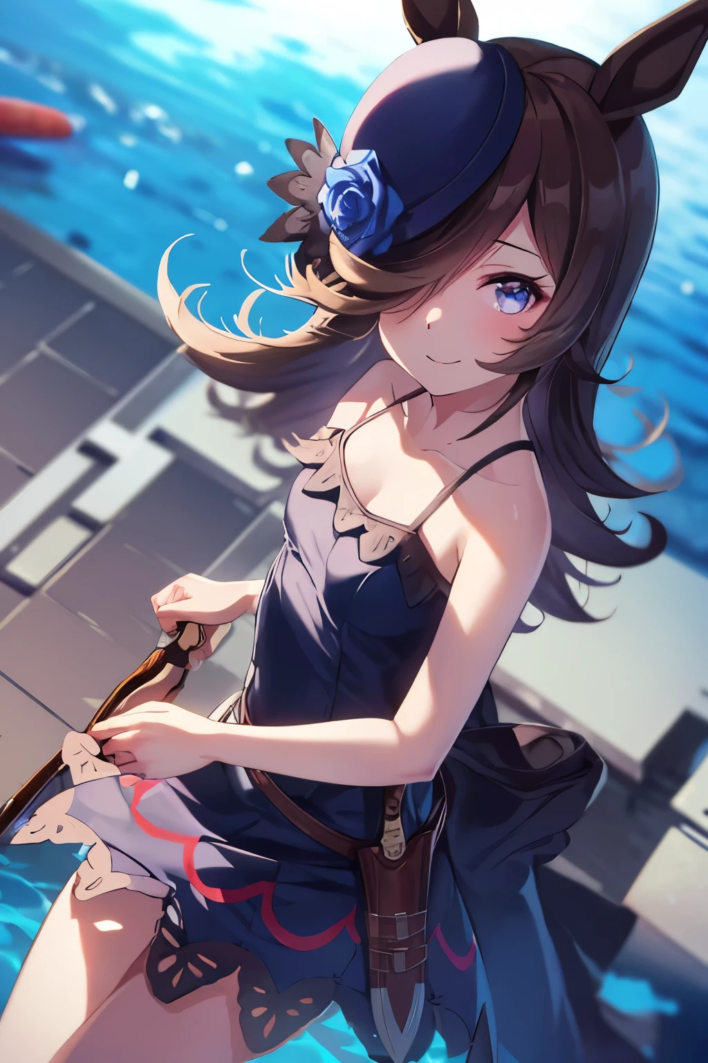 (Tabletop.highest quality).(Dynamic Angle). (CG paintings with attention to detail),(Perfect Image)、Comic Strip.shape.1 girl.Detailed face、Perfect Face.Delicate face、Cute and delicate girl in a white shirt、Rough skin、Black Hair.length、(Umamimi Girl)Umamimi Girl、((Beautiful Blue Eyes)).繊細でBeautiful Eyes、Beautiful Eyes、Reflective eyes、smile.(Looking at the audience:1.3).(Face is a little red:0.8)、8k wallpaper、Cowboy Shot、reflected light、Most detailed、Complex、((Delicate sea background、season summer))、Rough skin、Fine skin、(Super Resolution)、((Cute girl in white shirt))