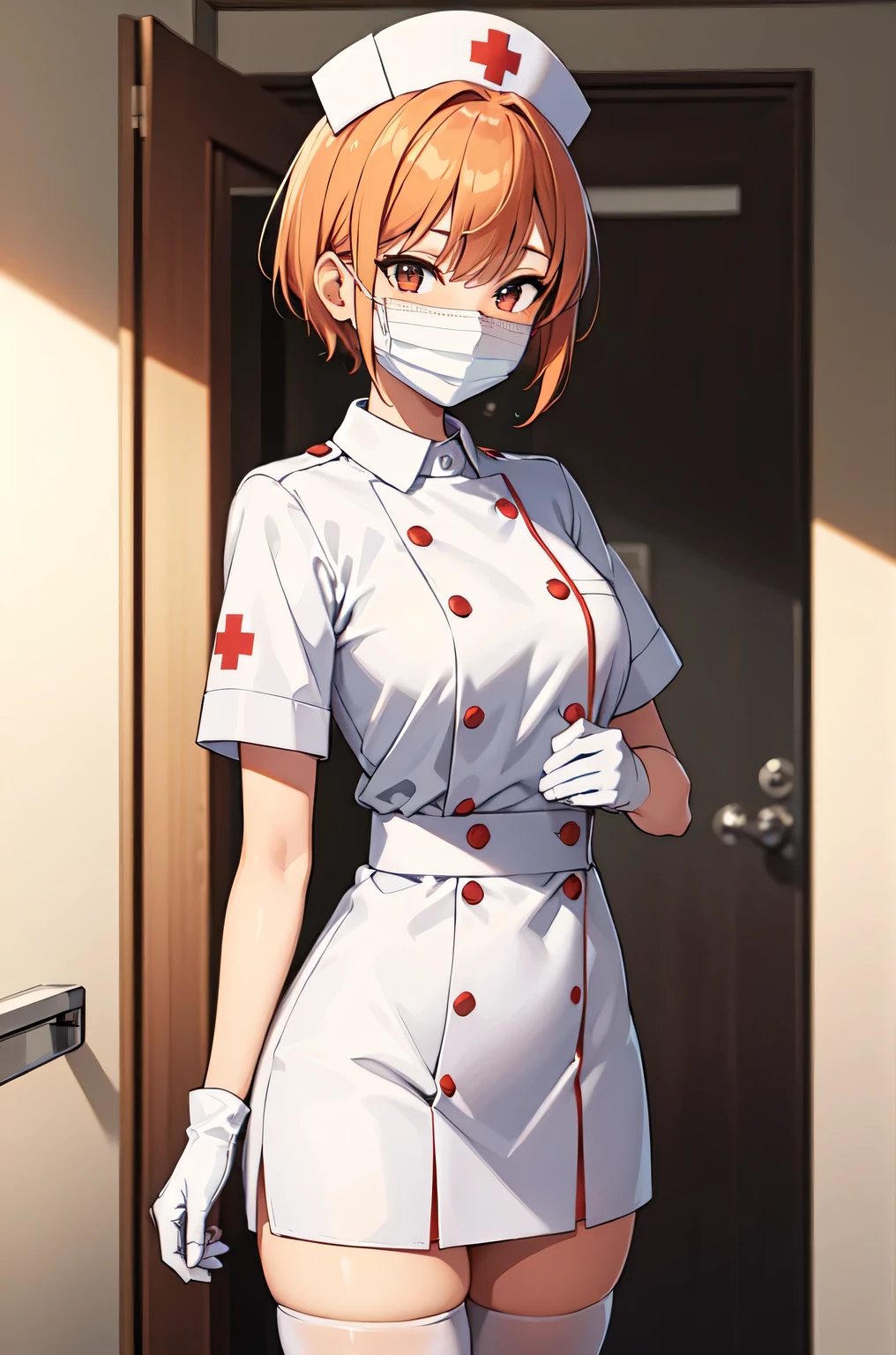 1girl, solo, nurse, nurse cap, white nurse uniform, ((white legwear, zettai ryouiki)), white gloves, very short hair, orange hair, ((white surgical mask, covered nose)), standing, ((hospital room)), sharp outline, short sleeves, tomboy, boyish, best quality, masterpiece