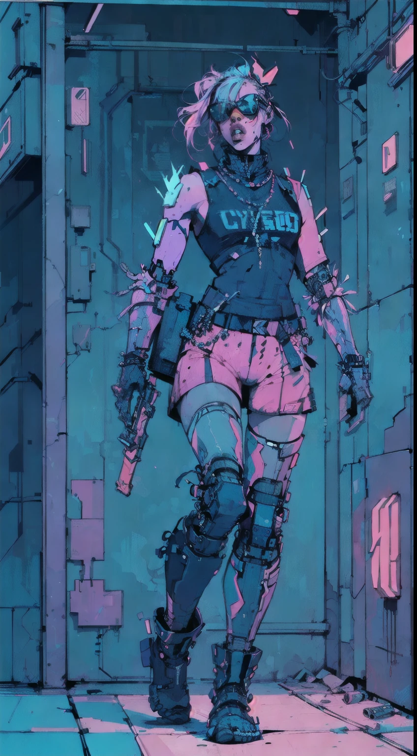 perfect proportions, anatomically correct, (head to toe: 2.0), (full body image: 2.0), solo, extremely stylized, deviant art, masterpiece, highly detailed, detailed eyes, expressive detailed eyes, detailed pupils, futuristic, ((wearing sunglasses)), ((holding a gun)), (cybernetic arms:1.4), big boots, entire body image, full body shot, nvinkpunk, professional photograph of alexander_skarsgard, tassles, large beads, (large tassels), cyberpunk, inkpunk, paint platter, ink splatter, (action pose:1.0), ((neon punk))