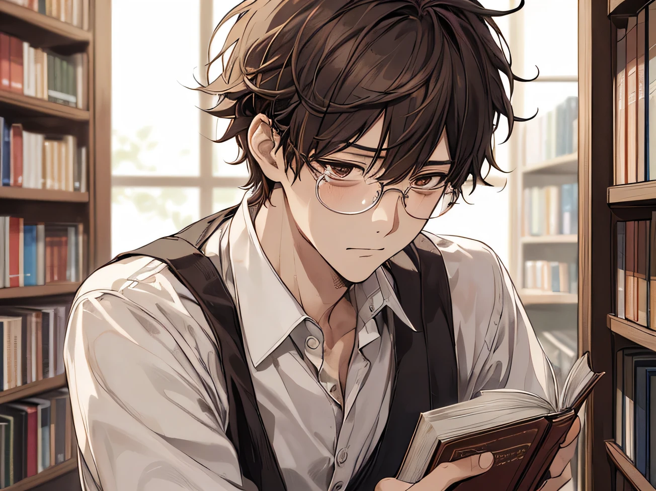 melancholy,masterpiece,highest quality,Face close-up, ,melancholy, book store clerk, apron,Male,25age,male,alone,Glasses,Kedaruge、messy hair, Brown,shirt,,book store,Background Bookshelf